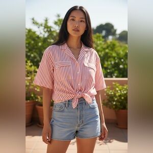 Vintage Averroe Striped Pink Button-Up Women’s Short Sleeved Shirt Top